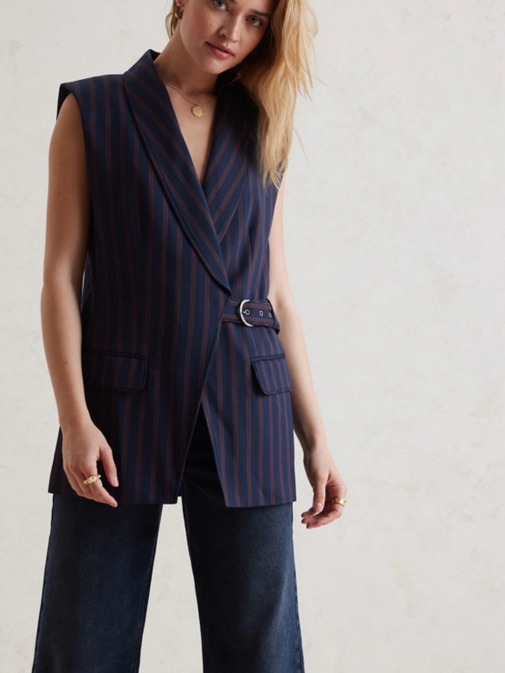 Anthropologie Navy Pinstripe Sleeveless Belted Vest - Picture 4 of 11